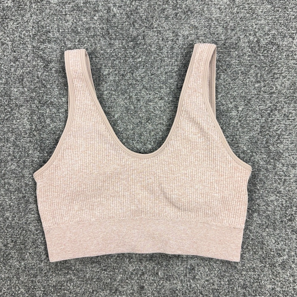 Aerie Sports Bra Womens Small Beige Ribbed Knit Scoop Neck Yoga Gym Athletic Top